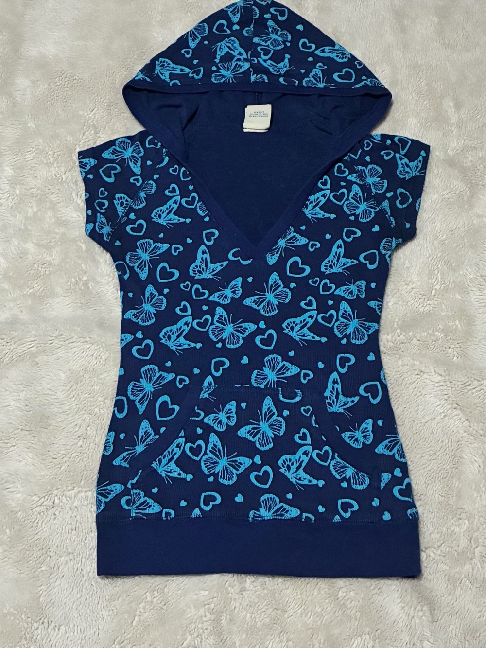 Navy Blue Butterfly Print Short-Sleeve Hooded Sweatshirt